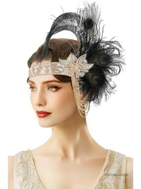 Flapper Headpiece 1920s Headband Peacock Feather Tassel Chain